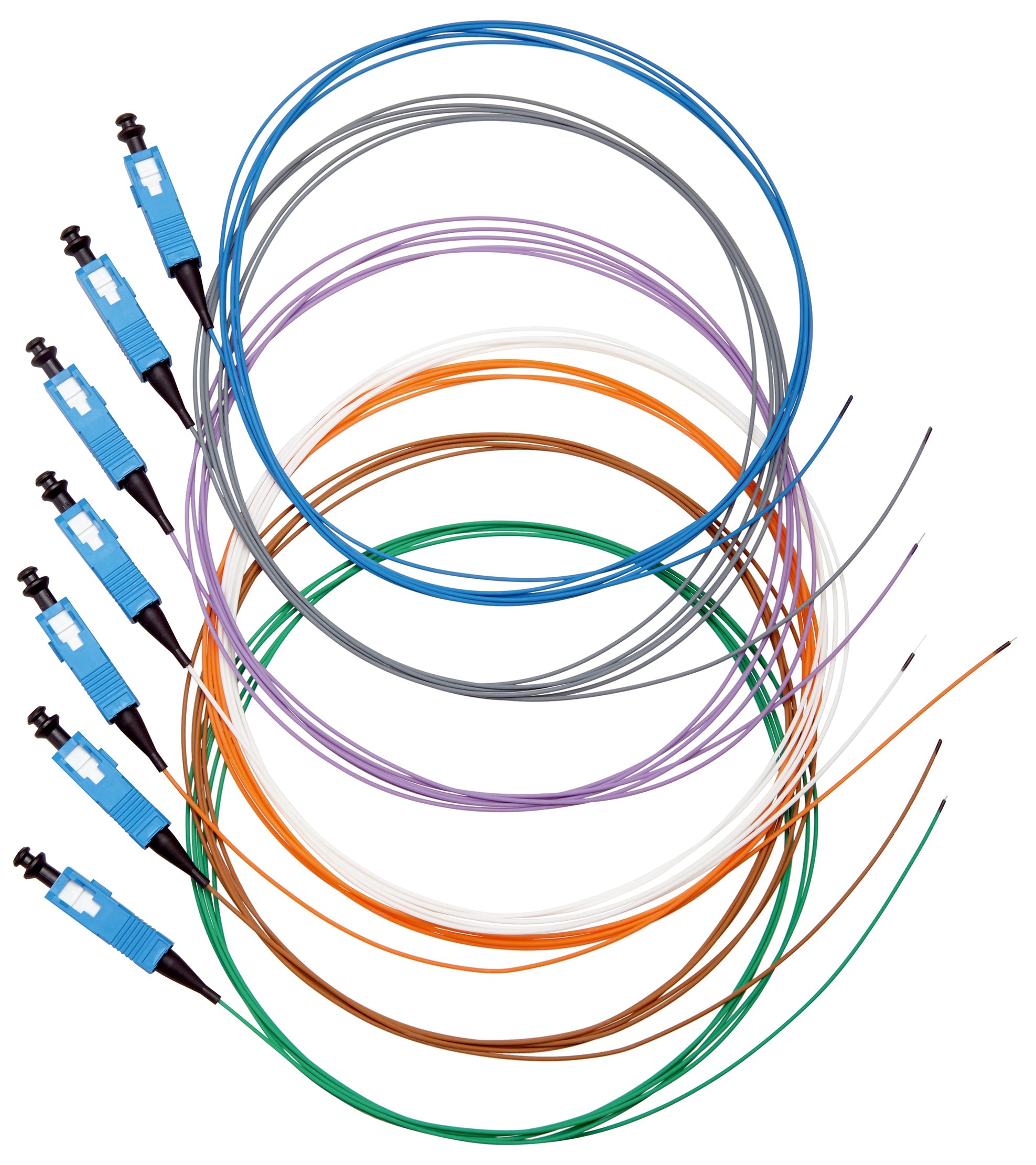 GOF SIMPLEX Pigtail ST E9 OS2, 2m - 12x pigtails codate pe culori asortate cu diferite tipuri de conectori (LC, ST, LC) cu fibre OS2 monomodale ?i OM1, OM2, OM3, OM4 multimodale