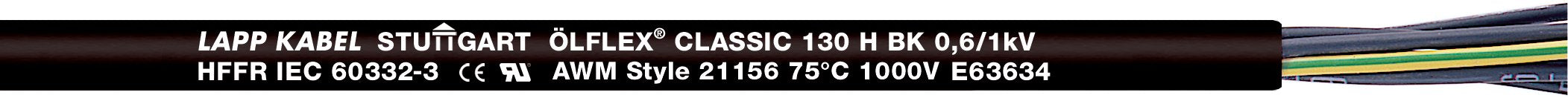 ÖLFLEX CLASSIC 130 H BK 0,6/1 kV 7G1,5 - 0.6/1kVAC, fara halogeni, flexibil, IEC 60332-3, IEC 61034-2, UV/ rezistent la ozon, UL AWM 1000V